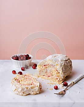 Meringue roll cake, fresh cranberries on marble board