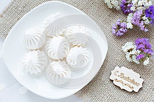 Meringue - the Traditional French dessert on a light background close up