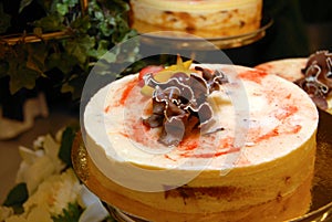 Meringue wedding cake decorated with flowers around it photo