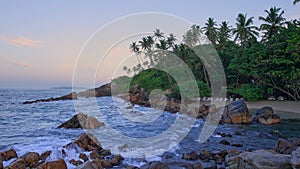 Merissa Secret Beach before dawn. Exotic seascape with coconut palms. Sri Lanka Island