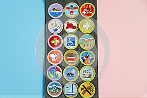 Merit Badge Sash on Blue and Pink