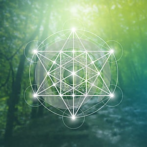 Merkaba sacred geometry spiritual new age futuristic illustration with interlocking circles, triangles and glowing