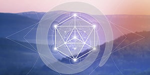 Merkaba sacred geometry spiritual new age futuristic illustration with interlocking circles, triangles and glowing particles in