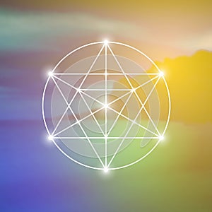 Merkaba sacred geometry spiritual new age futuristic illustration with interlocking circles, triangles and glowing particles in