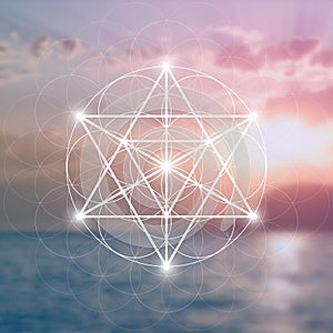 Merkaba sacred geometry spiritual new age futuristic illustration with interlocking circles, triangles and glowing particles in