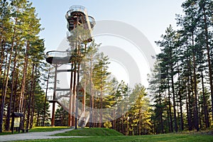 Merkine observation tower, located on a high bank of the largest river in Lithuania, Nemunas, in deep pine forest