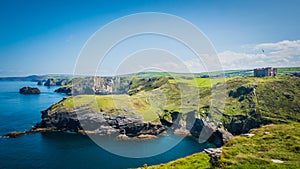 Tintagel castle landscape in Cornwall, England with the Atlantic Ocean coastline