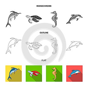 Merlin, turtle and other species.Sea animals set collection icons in flat,outline,monochrome style vector symbol stock
