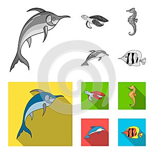 Merlin, turtle and other species.Sea animals set collection icons in monochrome,flat style vector symbol stock