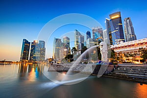 The Merlion fountain Singapore skyline.