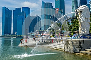 Merlion and Singapore Quay with Skyscrapers