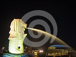 Merlion statue fountain and city skyline at night in singapore