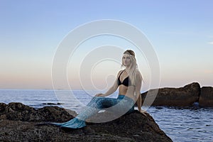 The mermaid is basking on the seashore