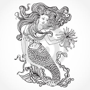 Mermaid with beautiful hair and marine plants. Tattoo art. Retro banner, invitation,card, scrap booking. t-shirt, bag, postcard