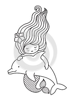 Mermaid with beautiful long wavy hair, floating with dolphin.