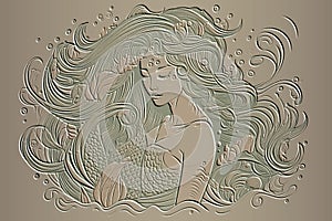 Mermaid. Beautiful textured emboss 3d lines water nymph with long hairs. Embossed undine vector pattern background. Surface