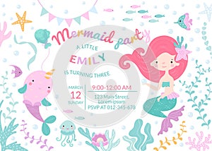 Mermaid birthday party for baby poster template. Cartoon cute girls invite, sea fish and underwater tale world elements