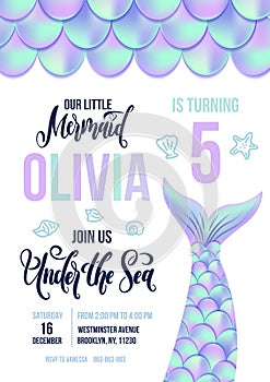 Mermaid Birthday party invitation card. Holographic fish scales