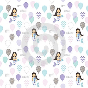 Mermaid birthday pattern background. Cute cartoon characters.