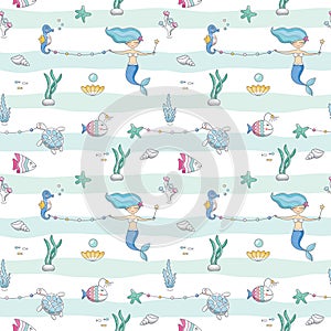 Mermaid birthday seamless pattern background. Cute sea life cartoon characters. Raster