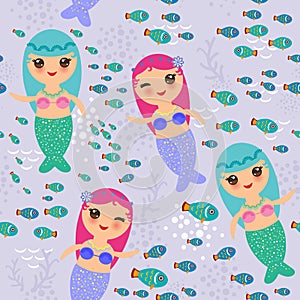 Mermaid with blue and pink hair cute kawaii girl coral fish seamless pattern on lilac purple background. Vector