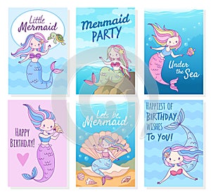 Mermaid cards. Creative postcard with mythical cute princesses and sea creatures template for birthday, party