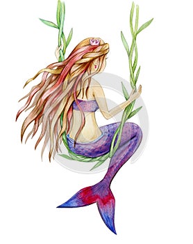 Mermaid cartoon isolated on white, watercolor illustration