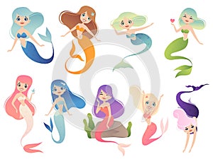 Mermaid characters. Teen swimming mystical phantasy princess underwater woman vector cartoon mascot