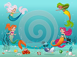 Mermaid children swimming with fish under the sea. Underwater world with corals.