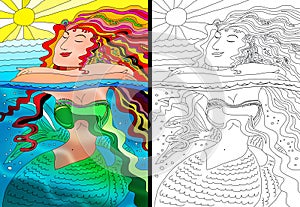 Mermaid colorful portrait and line art