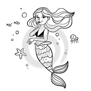 Mermaid coloring page.Black and white cartoon illustration