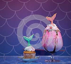 Mermaid cupcake and mermaid rainbow milkshake.