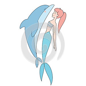 Mermaid and dolphin isolated vector illustration