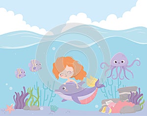Mermaid with dolphin octopus fishes coral cartoon under the sea