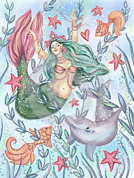 Mermaid with dolphin and starfish, underwater sea life, ocean fairytale illustration