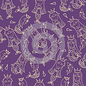 Mermaid doodle seamless pattern. Purple and white line art cartoon vector illustration.