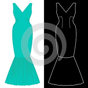 Mermaid dress image with white outline silhouette on black