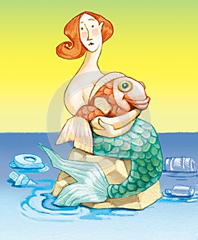 Mermaid and fish allegory of pollution