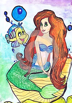 Mermaid and fish. Illustration for the fairy tale by H.K. Anderesen `The Little Mermaid`. Children`s drawing