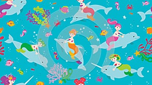 Mermaid friends riding dolphins seamless vector pattern