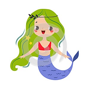 Mermaid Girl with Fish Tail and Green Hair as Fairy Tale Character Vector Illustration