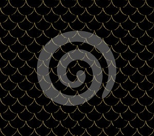 Mermaid gold scales. Fish squama. Golden pattern. Black background. Vector.