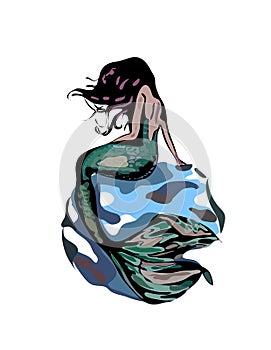 Mermaid with hair and green tail on a blue rock isolated on white bacground. mermaid  illustration.