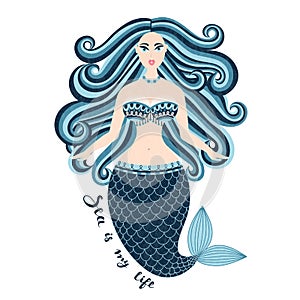 Mermaid. Hand drawn sea girl. Beautiful woman with tail. Marine summer design. Nixie with wild hair. Summertime