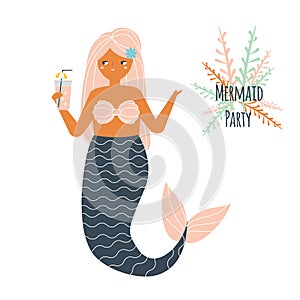 Mermaid holding cocktail. Beach Summer party concept