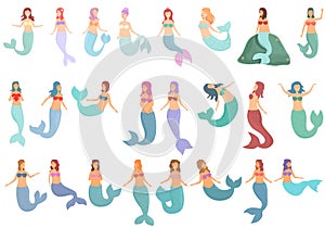 Mermaid icons set cartoon vector. Cute girl