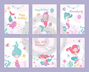 Mermaid invite cards. Children invitation, birthday party or postcards posters with mermaids and fish. Underwater tale