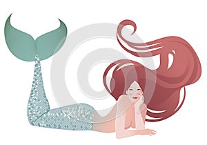 Mermaid isolated with long mane lying with her face resting on one hand