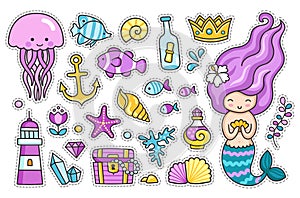Mermaid, jellyfish, cute sea animals, fish, sea shell, lighthouse, anchor and starfish.