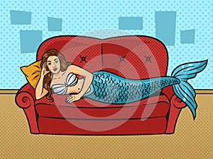 Mermaid lies on sofa pop art raster illustration